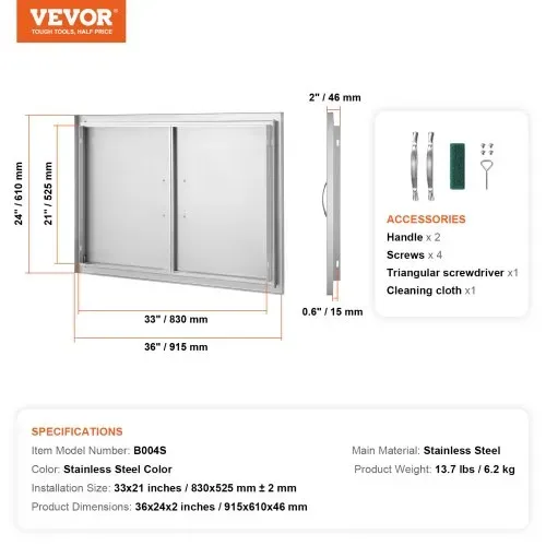 VEVOR Grill-Zugangstür, 915 x 610 x 46 mm, Doppelte Außenküchentür, Flächenbündig Montierte Edelstahltür, Vertikale Wandtür mit Griffen, für Grillinsel, Grillstation, Außenschrank usw. – Bild 6