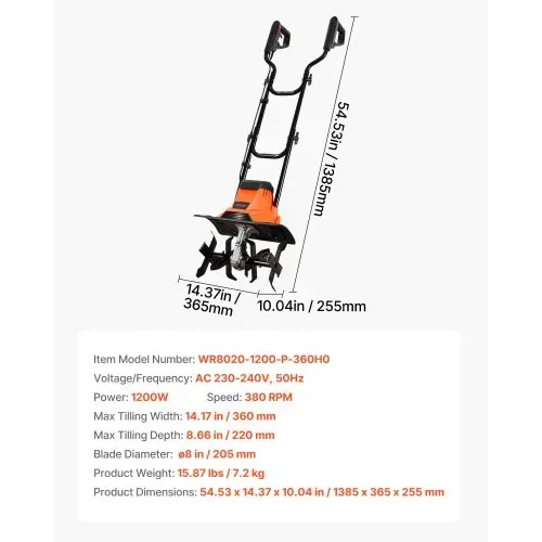 VEVOR Elektro Bodenhacke 36 cm Arbeitsbreite, 22 cm Arbeitstiefe, 1200 W Motorhacke, Bodenkrümler, Kultivator mit Stahlzinken & Klappbarem Führungsholm, Gartenfräse für Rasen-, Hof- & Gartenpflege – Bild 6