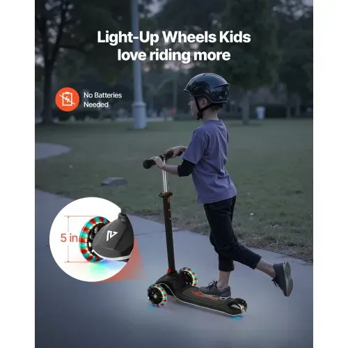 VEVOR Scooter (3 Räder) ab 3 Jahren, Cityroller Kinderroller mit leuchtenden Rädern & höhenverstellbarem Lenker & rutschfestem Deck & leichtem Aluminiumrahmen, Tretroller bis zu 75 kg, Schwarz – Bild 2