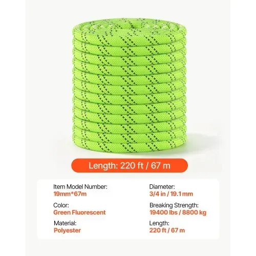 VEVOR Polyesterseil 19,1 mm x 67 m Doppelt Geflochtenes Zugseil Neongrün, Allzweckseil für Festmacher Kletter Camping & Outdoor, 8800 kg Bruchlast, 24 Außen- & 26 Innenstränge, Reflektierendes Design – Bild 6