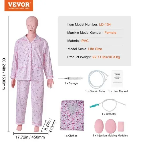 VEVOR Weibliche Krankenpflege Übungspuppe Multifunktional Patientenversorgungssimulator 1530 x 450 x 210 mm, Multifunktionale Ausbildung Pflege-Trainingspuppe Gleichmäßige Skalenformen Übungspuppe – Bild 6