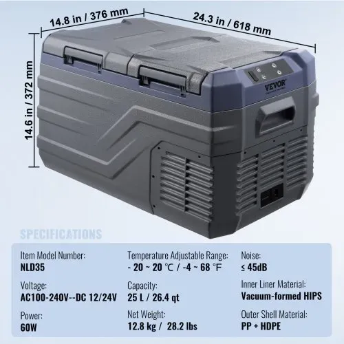 VEVOR Autokühlschrank, 25 L Dual Zone tragbarer Gefrierschrank, 12 Volt Autokühlschrank, -4℉-68℉ einstellbarer Bereich, 12/24 V DC und 100-240 V AC Kompressorkühler für Outdoor, Camping, Wohnmobil – Bild 6