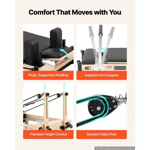 VEVOR Pilates Reformer Gerät Klappbar 2310 x 680 x 755 mm Gummibaumholz für Heimgebrauch & Fitnessstudio, mit Jumpboard, Sitzbox, Verstellbarer Kopfstütze und Leisem Schlittenlauf, 181 kg Belastbar – Bild 5