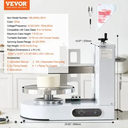 VEVOR einstellbare Tortencremestreichmaschine elektrische Tortendekorationsmaschine zum Verteilen von Kuchencreme, zum Bestreichen und Schmieren von Kuchenglasuren, für 15,24-35,56 cm Kuchen Weiß – Bild 6