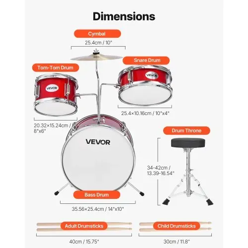VEVOR Schlagzeug Set, 3-teilig, Drum Kit mit 35,6 cm Bassdrum, 25,4 cm Snare-Drum und 20,3 cm Tom-Toms, Musik-Lern-Schlagzeug-Instrumenten-Set, Ideal für Kinder von 6 bis 13 Jahren (rot) – Bild 2