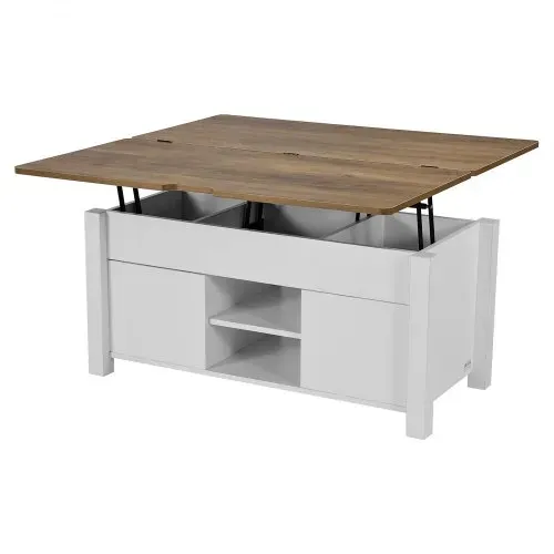 VEVOR Lift Top Couchtisch 100 cm, rustikaler Kaffeetisch mit Scheunentor & verstecktem Staufach, rechteckige Hubtischplatte für Wohnzimmer Büro Zuhause, Wohnzimmertisch Sofatisch Braun + Weiß – Bild 9