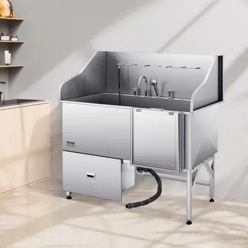 VEVOR 304 Edelstahl-Hundewaschstation, 154,9 cm große Pflegebadewanne mit rutschfester, flacher Rampe, Schublade, Warm- und Kaltwasserhahn, All-in-One-Badewanne für Pflegesalons, für alle Größen geeignet (rechte Tür) – Bild 7