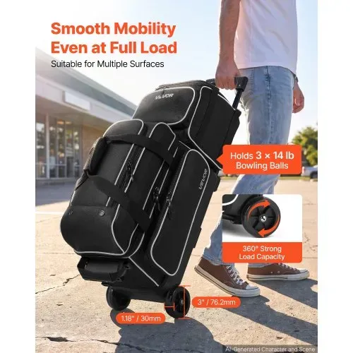 VEVOR 1 Bowlingtasche mit Rollen + 1 Bowlingtasche (Mini) für 2+1 Kugeln 600D Oxford Weiß Schwarz, für Schuhe bis US-Größe 16 und Zubehör, mit Teleskopgriff (bis zu 1016 mm) und Doppellagigen Ablagen – Bild 2
