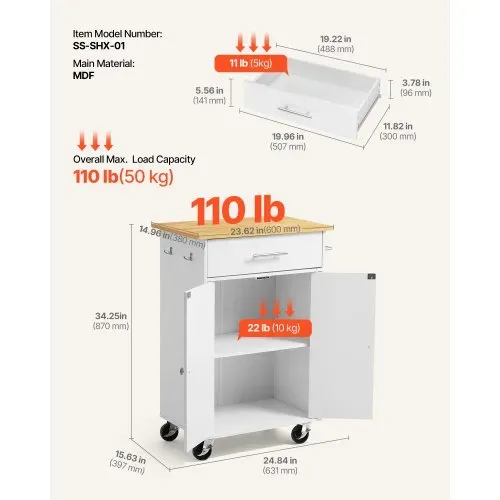 VEVOR Kücheninselwagen mit 1 Schublade & 2 Türen Weiß Mobile Kücheninsel, Küchenwagen mit Schrank, Handtuchhalter, Tischplatte (600 x 380 x 15 mm) & Haken fürs Esszimmer, Küche, Mobiler Servierwagen – Bild 2