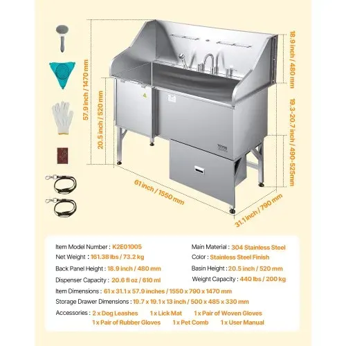 VEVOR 304 Edelstahl-Hundewaschstation, 154,9 cm große Pflegebadewanne mit rutschfester, flacher Rampe, Schublade, Warm- und Kaltwasserhahn, All-in-One-Badewanne für Pflegesalons, für alle Größen geeignet (linke Tür) – Bild 6