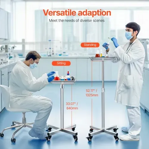 VEVOR Laborwagen Servierwagen Edelstahl mit abnehmbaren Tabletts aus Edelstahl Tragkraft bis 16 kg, einstellbare Höhe 64-101cm, medizinisches Tablett für Spa Salon Klinik Körperpflege Silber – Bild 5