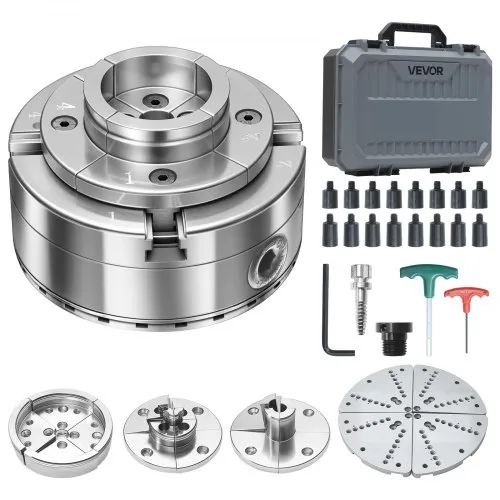 VEVOR 4 Zoll Drechselfutter Zentrierfutter (4 Backen) mit 1 Zoll x 8TPI Gewinde & Adapter, 5-tlg. Spannbacken Set (Rund/Flach/Stufen/Stift), Vernickelte Oberfläche, mit Tragekoffer für Holzdrehbänke VEVOR 4 Zoll Drechselfutter Zentrierfutter (4 Backen) mit 1 Zoll x 8TPI Gewinde & Adapter, 5-tlg. Spannbacken Set (Rund/Flach/Stufen/Stift), Vernickelte Oberfläche, mit Tragekoffer für Holzdrehbänke