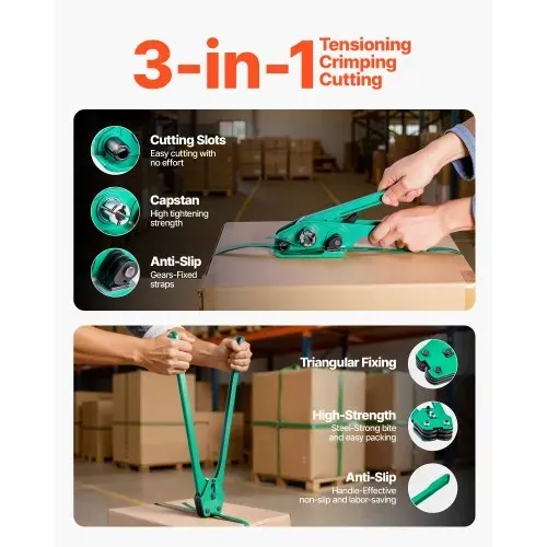 VEVOR 6 tlg Umreifungsset mit Umreifungsband, manuelle Umreifungsgerät mit 457 m PET Band, 450 Metallklammern, 150 Kantenschutzern, pefekte Werkstattausstattung für Verpackung, Transport und Lager – Bild 3