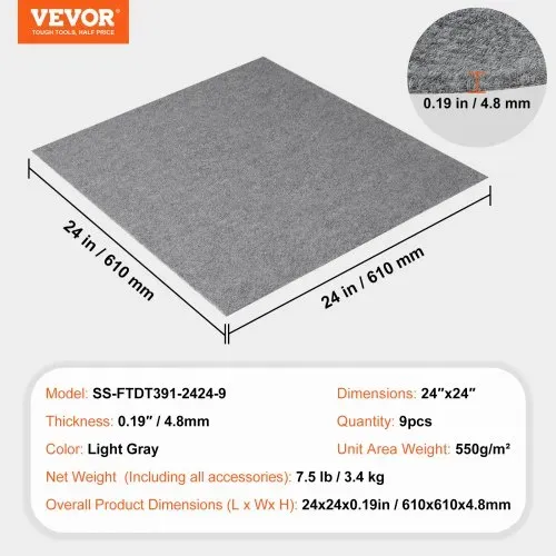 VEVOR Teppichfliesen zum Abziehen und Aufkleben, 61 x 61 cm, selbstklebende Teppichbodenfliesen, weich gepolsterte Teppichfliesen, DIY-Installation für Schlafzimmer, Wohnzimmer, (9 Stk., Hellgrau) – Bild 6