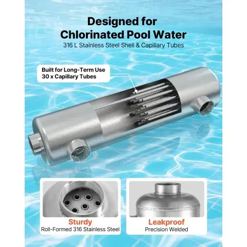VEVOR Schwimmbad Wärmetauscher 105,5 kW, Edelstahl Schwimmbadheizer mit 30 Rohren, Pool-Wärmeüberträger mit 1,0 MPa Druck & 0,69 m² Wärmetauscherfläche, Wärmeaustauscher für Poolsystem Spa Heizung – Bild 3
