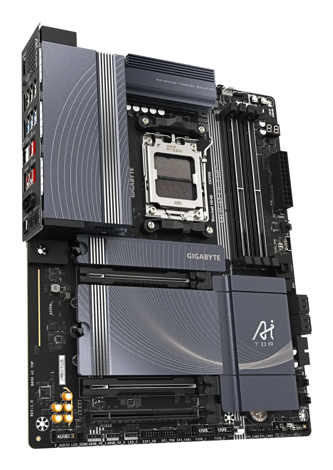 GIGABYTE B850 AI TOP Motherboard - AMD Ryzen 9000 Series CPUs, 16+2+2 Phasen Digital VRM, bis zu 8600MHz DDR5 (OC), 2xPCIe 5.0 + 1xPCIe 4.0 M.2, 10 GbE LAN, WIFI 7, USB 3.2 Gen 2x2 – Bild 3