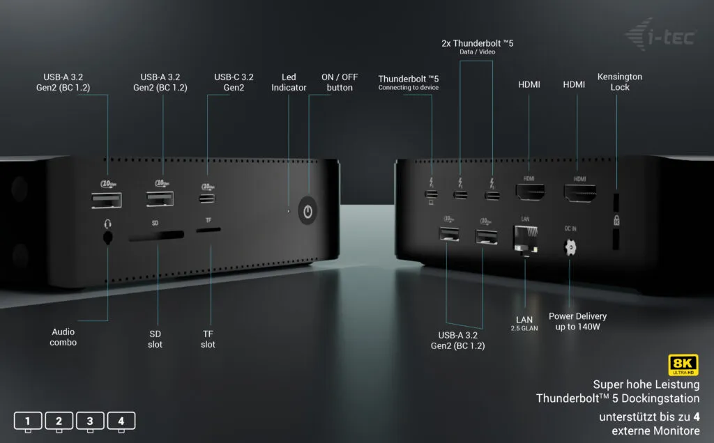 i-tec Thunderbolt5 Quattro Display Docking Station, 5x USB, 2.5 GLAN + Power Delivery 140W – Bild 5