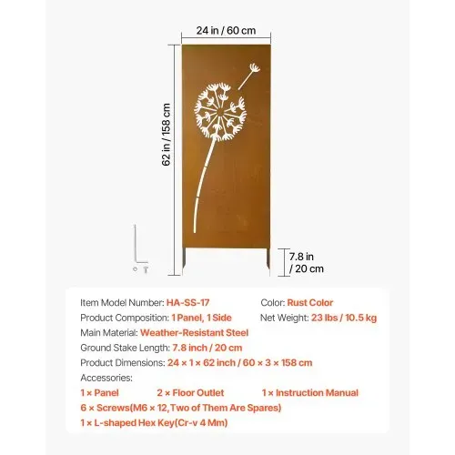 VEVOR Paravent 60x158 cm, Raumteiler aus Metall, Trennwand mit Erdspießen & Stahlplatte, Sichtschutz, Raumtrenner, Dekorative Sichtschutzwand, Ideal für Garten, Terrasse, Hof, Balkon – Bild 6