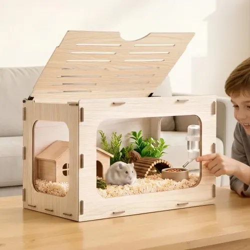 VEVOR Hamsterkäfig Nagerkäfig Nagarium Hamstergehege Holz 605x405x405mm, 270°-Sichtfenster Nagersicher mit Deckel Belüftung für Goldhamster Zwerghamster Meerschweinchen Rennmäuse – Bild 7