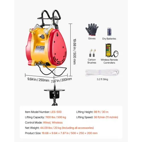 VEVOR 2-in-1 elektrische Hebewinde, 500 kg Kapazität, 1800 W tragbare Kraftwinde, 30 m Hubhöhe, 11 m/min mit Kabel- und kabelloser Fernbedienung, für Garage, Lager, Fabrik, Hebe- & Abschlepparbeiten – Bild 6