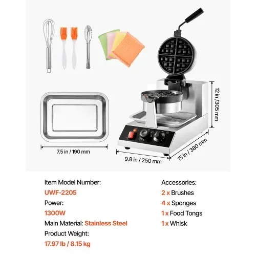 VEVOR Rundes Waffeleisen Waffel 1300 W, Kontaktgrill Belgische Waffeleisen 4 Stk. Edelstahl Waffeln Automat inkl. Lebensmittelclip & Bürsten & Verbrühungssicherer Griff, für Cafés, Restaurant usw. – Bild 6