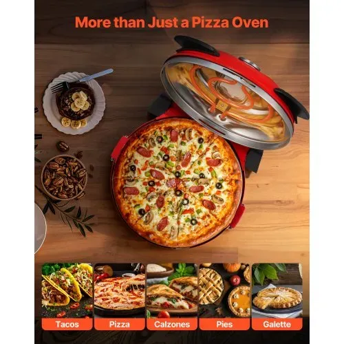 VEVOR Pizzaofen elektrischer Pizzamaker 1200 W Pizzakocher mit Cordieritstein, 5-stufige Temperaturregelung, Sichtfenster für präzises Kochen, erhitzt bis zu 420 °C, Backofen für Zuhause (rot) – Bild 4