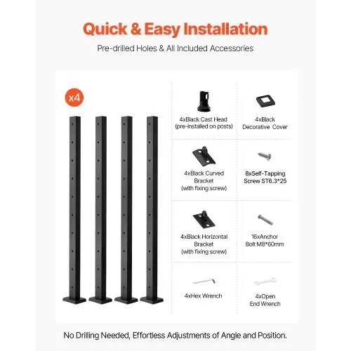 VEVOR Kabelgeländerpfosten, 4er-Pack, 914x50,8x50,8 mm, vorgebohrte horizontale Löcher, Edelstahl SUS304, gebogene horizontale Halterung, für Handlauf, Balustrade, schwarz, 4JZLGZXHS914MY65M001V0 – Bild 5