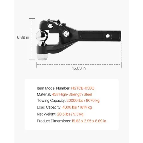 VEVOR Anhängerkupplung 9 T, für 50,8 mm Anhängekupplungshaken, Kombination 2-5/16-Zoll-Anhängerkupplungskugel, passend für 63,5 bis 76,2 mm Lünettenring, 397 mm Länge, schwarze Pulverbeschichtung – Bild 6