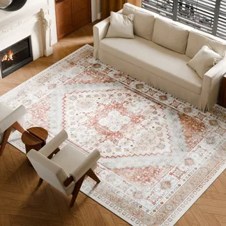 VEVOR Flächenteppich, 2743 x 3658 mm Kurzflor, waschbarer Teppich, rutschfester Wohnzimmerteppich, Vintage-Stil, Innenmatte für Schlafzimmer, Wohnzimmer, Kinderzimmer, Büro, Braunrot VEVOR Flächenteppich, 2743 x 3658 mm Kurzflor, waschbarer Teppich, rutschfester Wohnzimmerteppich, Vintage-Stil, Innenmatte für Schlafzimmer, Wohnzimmer, Kinderzimmer, Büro, Braunrot