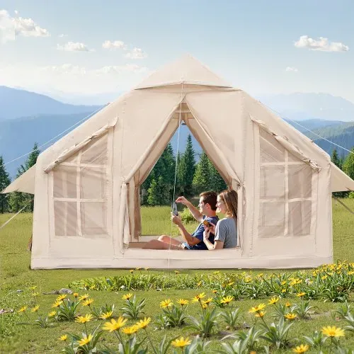 VEVOR Aufblasbare Zelte für Camping 3x3x2,3 m, 4–6 Personen, 300D Oxford 4-Jahreszeiten-Glamping-Zelt mit Handpumpe, Ofenanschluss, 2 Türen & 4 Netzfenstern, inkl. Aufbewahrungstasche für Transport – Bild 7