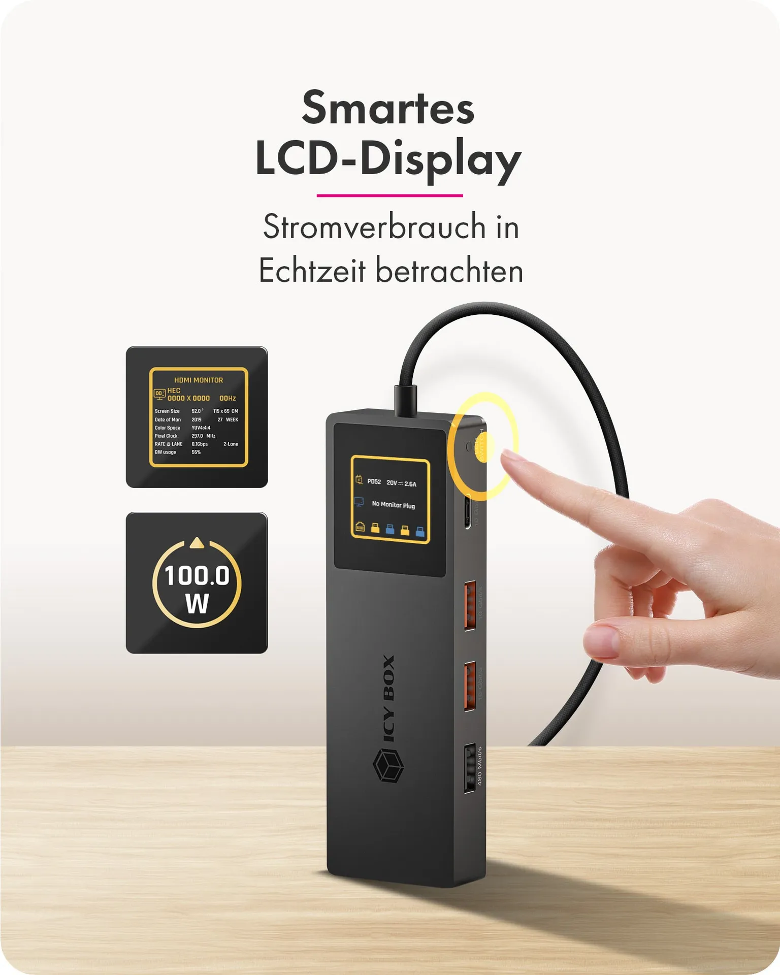 ICY BOX Spade Dock 4038, 7-in-1 DockingStation mit LCD-Display und 100 W PD – Bild 3