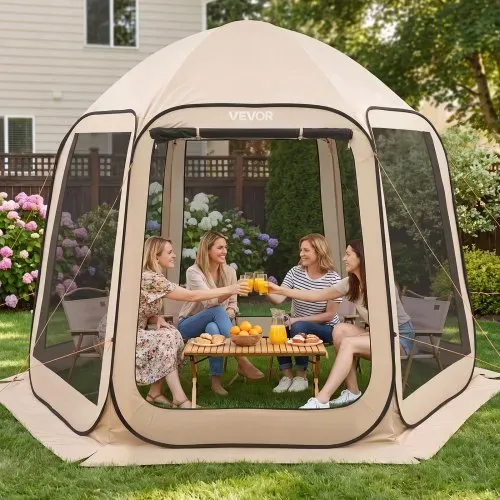 VEVOR Pop up Zelt, 3304,8x280,4 cm, Campingzelt für 4–8 Personen, Partyzelt inklusive Tragetasche, Seitenwänden aus Netz und Heringen, für Garten, Terrasse und Outdoor-Aktivitäten, Beige – Bild 7