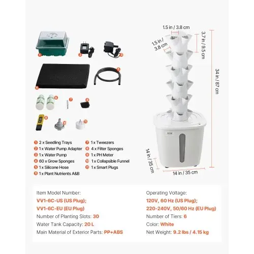 VEVOR Hydroponik-Turm, 30 Pods, Hydrotower 6 Ebenen, Hydroponik-Anbausystem-Set mit App-Steuerung, 20-L-Wassertank & Pumpe, Hydroponic Tower, Hydrokultur für Kräuter, Obst & Gemüse – Bild 6