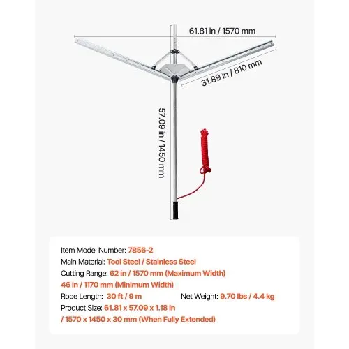 VEVOR Teichrechen, Wasser Unkrautrechen mit 157 cm max. Schnittbreite, Stahlklingen, See-Unkrautschneider mit 9 m Nylonseil, Seerechen zum Entfernen von Rohrkolben, Schilf, Seerosenblätter – Bild 6