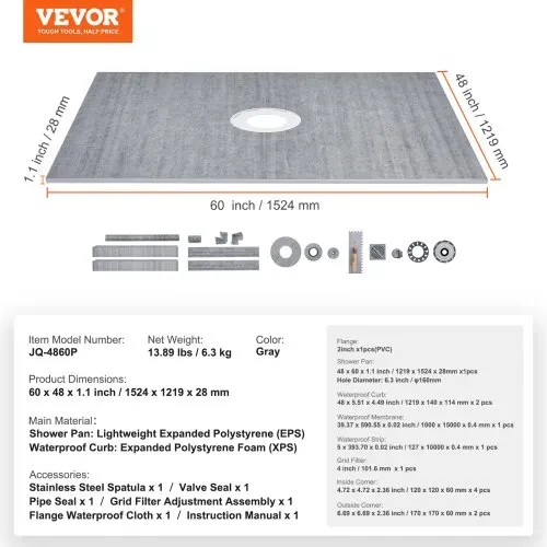 VEVOR Duschkanten-Set, 1219 x 1524 mm Duschwannen-Set mit PVC-Mittelflansch, wasserdichter Membran, Edelstahlrost und Fugendichtung, Duschwannen-Gefällestäbe passend für Badezimmer – Bild 6