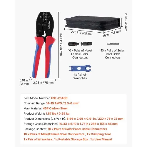 VEVOR Solar Crimpzange Set für 2,5-6 mm², Crimpwerkzeug mit Metrischen & AWG-Markierungen, inkl. Solar-Steckverbindern, Kabelverbindern, Schraubenschlüsseln & Aufbewahrungskoffer – Bild 6