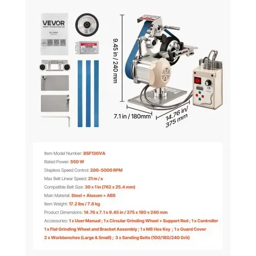 VEVOR Bandschleifmaschine 550 W, Bandschleifer mit 3 Stk. 762x25,4 mm Schleifbändern, 200-5000 U/min Verstellbarer Bandpolierer mit Dualmodi & Max. 21 m/s Bandgeschwindigkeit für Metallbearbeitung – Bild 6