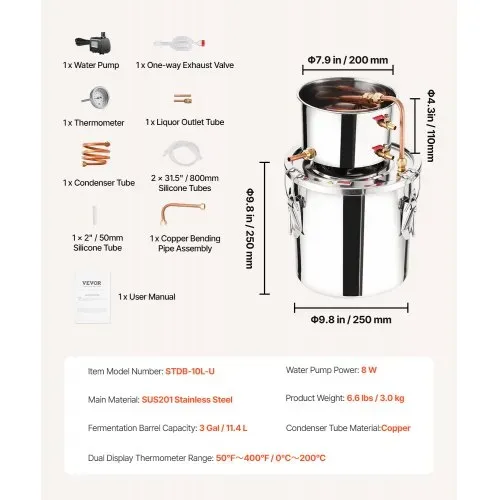 VEVOR Alkoholdestillieranlage 11,4 L Edelstahl Wasseralkohol Destillieranlage mit Kupferspule, Heimbrau-Raffinations-Gärungsset mit Thermometer und Pumpe, für Wein Whisky Brandy, Silber – Bild 6