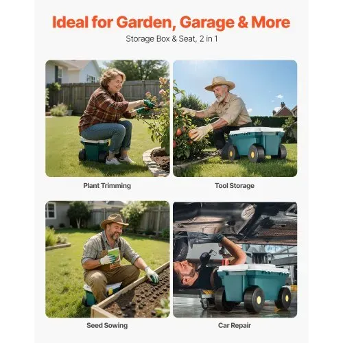 VEVOR Fahrbarer Gartensitz 520 x 310 x 280 mm, Sitzwagen, 2-in-1-Gartenwagen, Rollsitz, Tragkraft bis zu 123 kg, Gartenhelfer, Gartenhocker mit Stauraum zum Jäten & Pflanzen im Garten – Bild 5