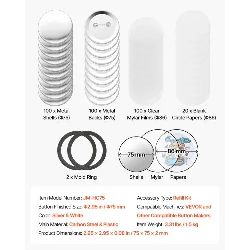 VEVOR Buttonrohlinge 100-tlg. 75mm für Buttonmaschine mit Sicherheitsnadel, Transparente Mylar-Folie & Runde Blanko-Papiere für DIY-Projekte zu Hause Schulveranstaltungen & Individuelle Studios – Bild 6