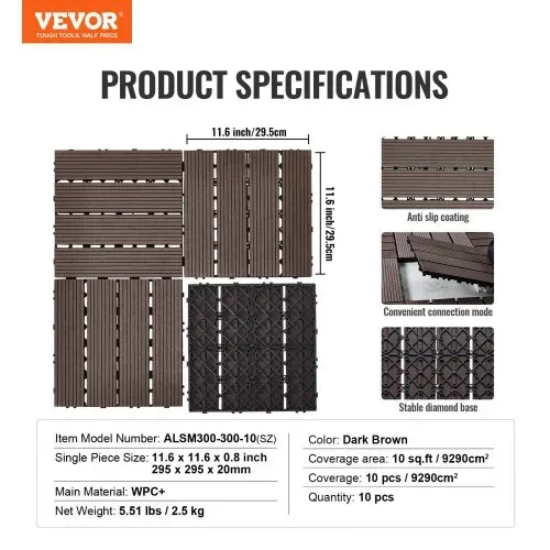 VEVOR Terrassenfliesen, 10er-Set, Balkonfliesen 295 x 295 mm, Klickfliesen, wasserdichter Kunststoff-Bodenbelag für den Außenbereich, Terrassenbodenbelag für Veranda, Pool, Balkon, Dunkelbraun – Bild 6