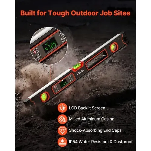 VEVOR Digitale Wasserwaage mit LCD-Display, 60 cm Richtwaage mit 3 Libellen 90°/45°/0°, Meganetische Maurerwaage mit IP54 Wasserschutz & 2 Batterien, 360° Messwerkzeug für Baustelle Hausrenovierung – Bild 4