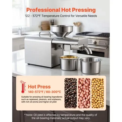 VEVOR Elektrische Ölpresse 3,75 kg/h, Ölmühle 750 W, Automatische Ölpressmaschine mit Heißpressung (50 °C-300 °C) & Reinigungsbürste, Ölmaschine für Erdnüsse, Sesam, Sojabohnen und Mandeln, Edelstahl VEVOR Elektrische Ölpresse 3,75 kg/h, Ölmühle 750 W, Automatische Ölpressmaschine mit Heißpressung (50 °C-300 °C) & Reinigungsbürste, Ölmaschine für Erdnüsse, Sesam, Sojabohnen und Mandeln, Edelstahl