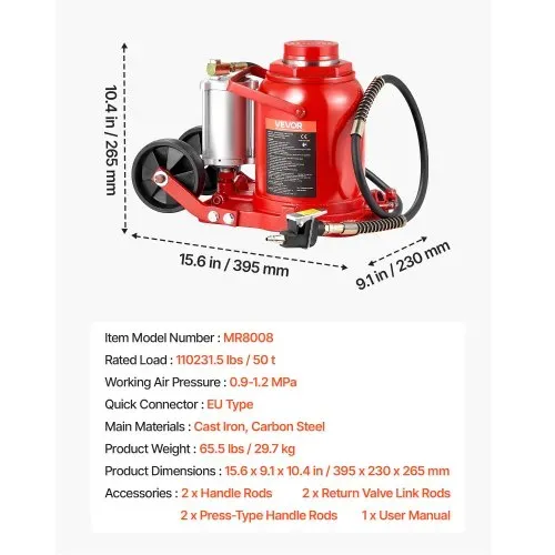 VEVOR pneumatischer Flaschenwagenhebr Wagenheber 50 t 265–410 mm Hubbereich, lufthydraulischer/manueller Stempelwagenheber Wagenheber mit Pumpe für SUV Pickup Lkw Wohnmobil Autoreparatur Rot – Bild 6