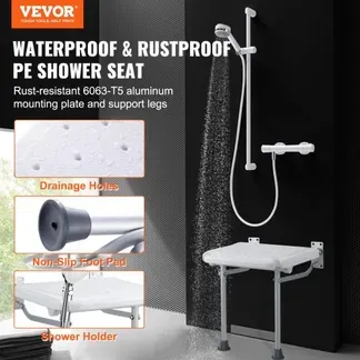 VEVOR Klappbarer Duschsitz aus PE, 40,1 x 37,6 cm ausgeklappt, wandmontierte, hochklappbare Duschbank mit 227 kg Tragkraft, platzsparender zusammenklappbarer Duschstuhl für Senioren, Schwangere VEVOR Klappbarer Duschsitz aus PE, 40,1 x 37,6 cm ausgeklappt, wandmontierte, hochklappbare Duschbank mit 227 kg Tragkraft, platzsparender zusammenklappbarer Duschstuhl für Senioren, Schwangere