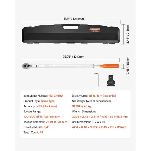 VEVOR Klick-Drehmomentschlüssel, 3/4 Zoll Antrieb 136–814 N.m, Zweiwege-Drehmomentschlüssel-Set mit Zweibereichsskalen, 48 Zähne ±3 % hohe Präzision legierter Stahl für Autoreparatur Orange – Bild 6