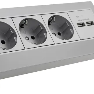 4-fach Steckdosenblock + 2x USB, silber 250V~/ 16A, Aufbaumontage, USB 3,1A 4-fach Steckdosenblock + 2x USB, silber 250V~/ 16A, Aufbaumontage, USB 3,1A