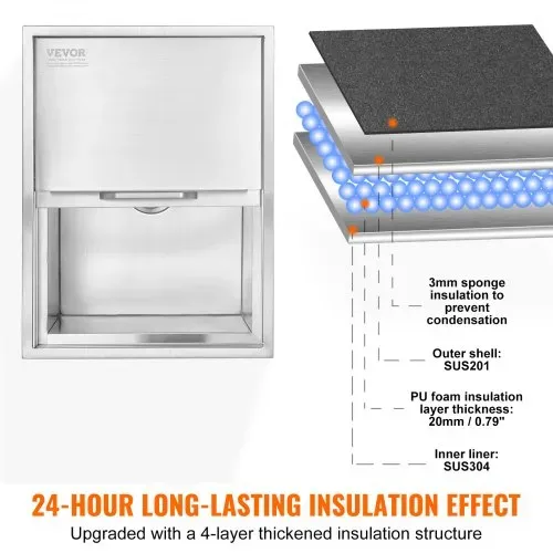 VEVOR 55,23 L Drop-in-Eisbox, 608 x 457 x 333 mm Edelstahl-Eiskühler, Kommerzieller Eisbehälter mit Schiebedeckel, Eingebaute Eisspeichertruhe, Abflussrohr & Ablassstopfen im Lieferumfang Enthalten – Bild 2