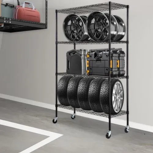 VEVOR Lagerregal mit Rädern, 4-stufig verstellbar, 700 lbs Kapazität, robuste Garagenregale, Metall-Organizer, Drahtregal, schwarz, 120 x 45 x 188 cm für Küche, Speisekammer, Keller, Badezimme – Bild 7