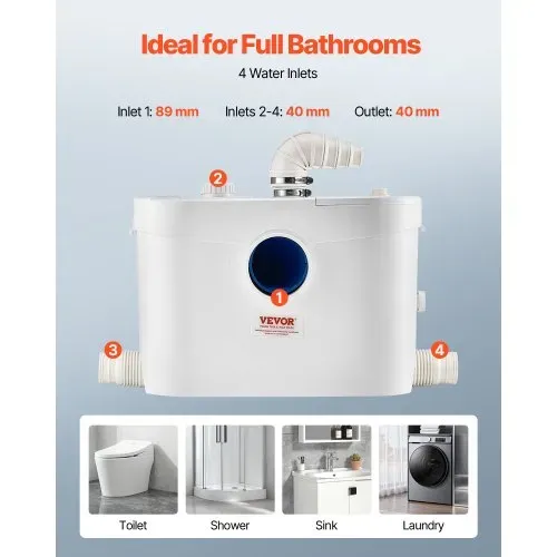 VEVOR Hebeanlage, 900 W, 180 L/min Durchfluss, 12 m Förderhöhe, Abwasserhebeanlage mit 4 Wassereinlässen, Schmutzwasserpumpe für Toilette, Keller, Dusche, Waschbecken, Waschküche, Badewanne – Bild 5